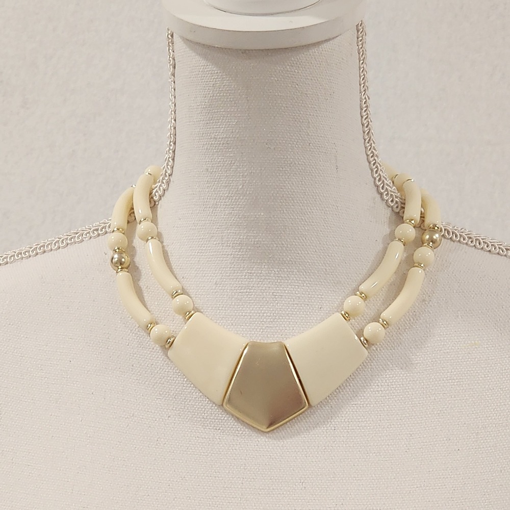 Vintage Cream Gold Double Strand Beaded Choker Necklace Geometric Statement